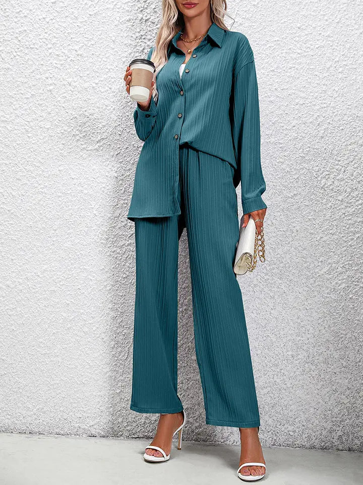 Long Sleeve Shirt and Pants Set Trendsi