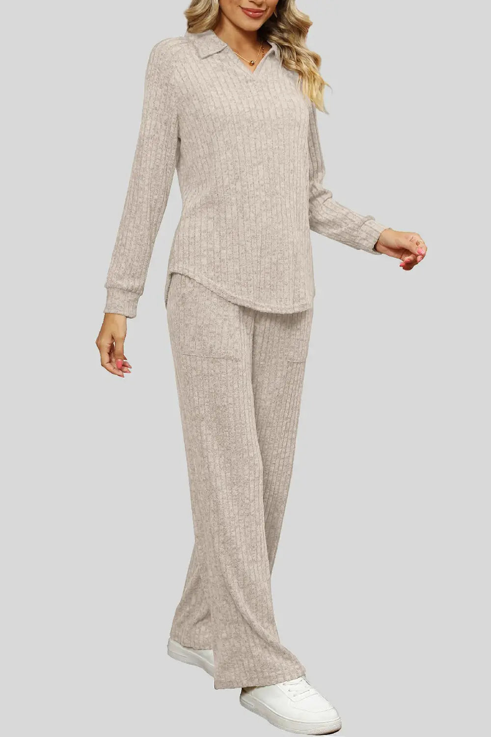 Ribbed Long Sleeve Top and Pocketed Pants Set Trendsi