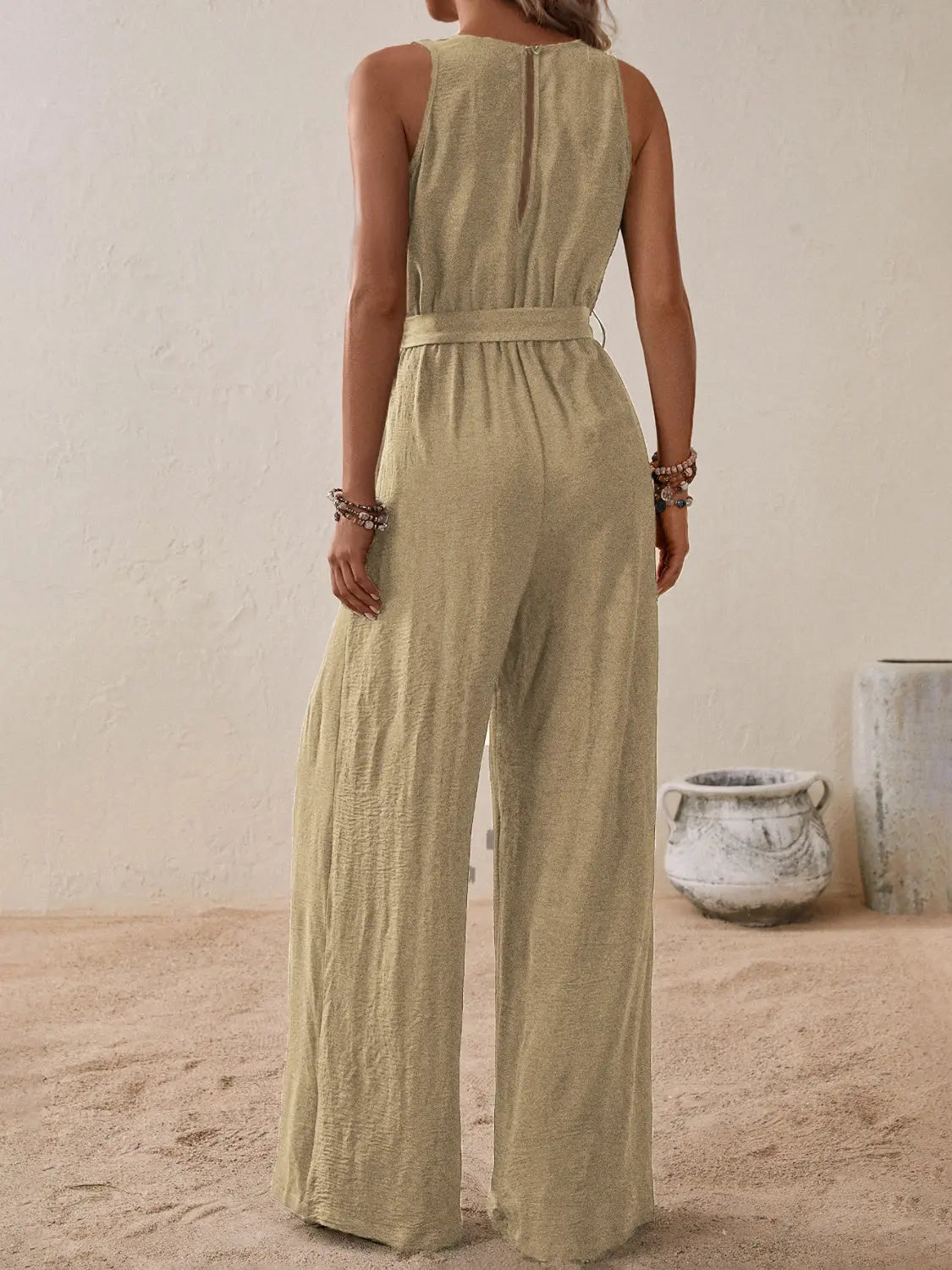 Honey Tied Surplice Sleeveless Wide Leg Jumpsuit Trendsi