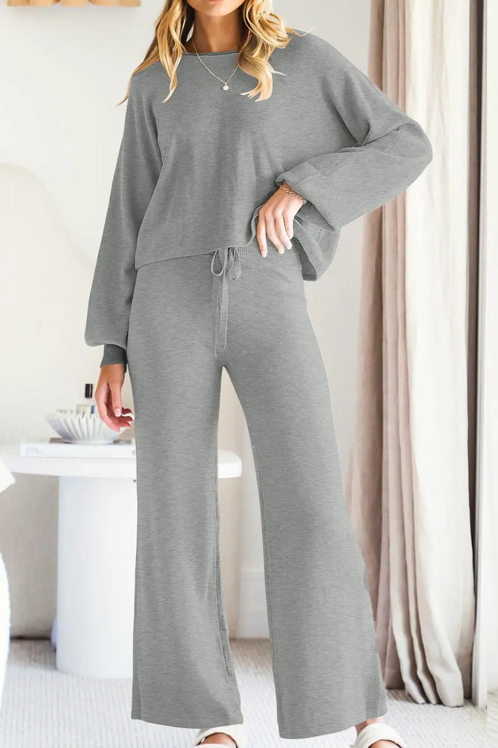 Round Neck Long Sleeve Top and Pants Set Trendsi