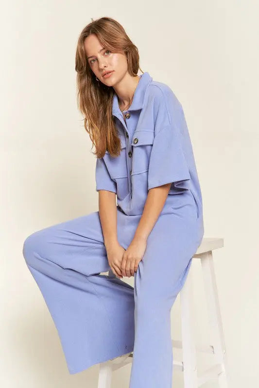 Basic Collar Shirt Wide leg Jumpsuit - Pure Serenity DBA