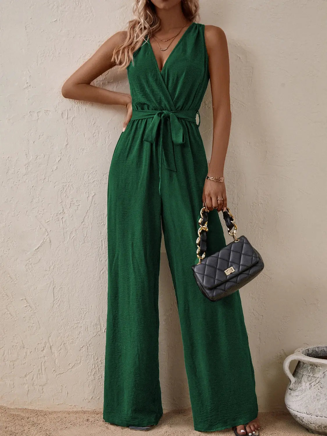 Honey Tied Surplice Sleeveless Wide Leg Jumpsuit Trendsi