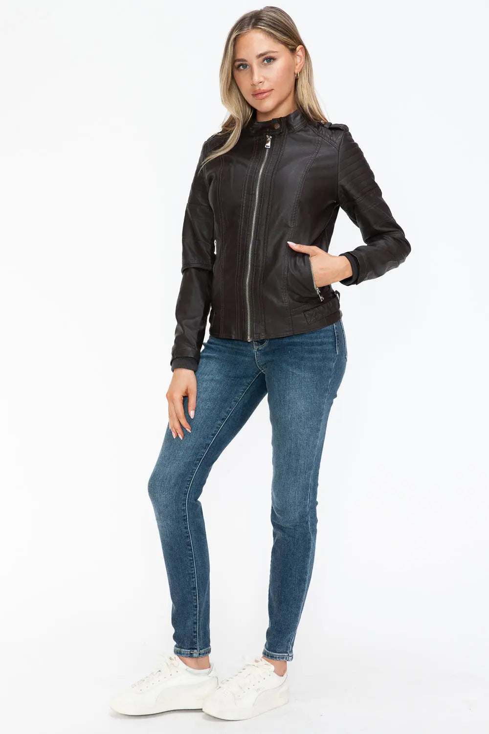 Snobbish PU Leather Biker Jacket with Side Zip Pockets Trendsi