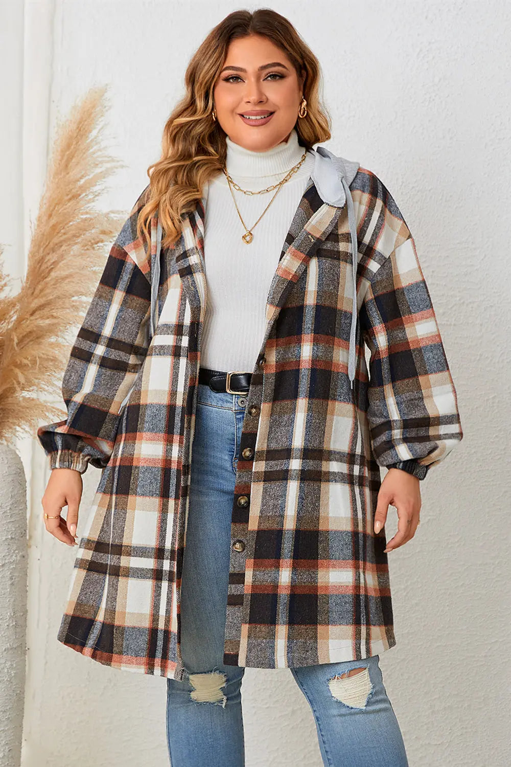 Honey Plus Size Plaid Drop Shoulder Hooded Coat Trendsi