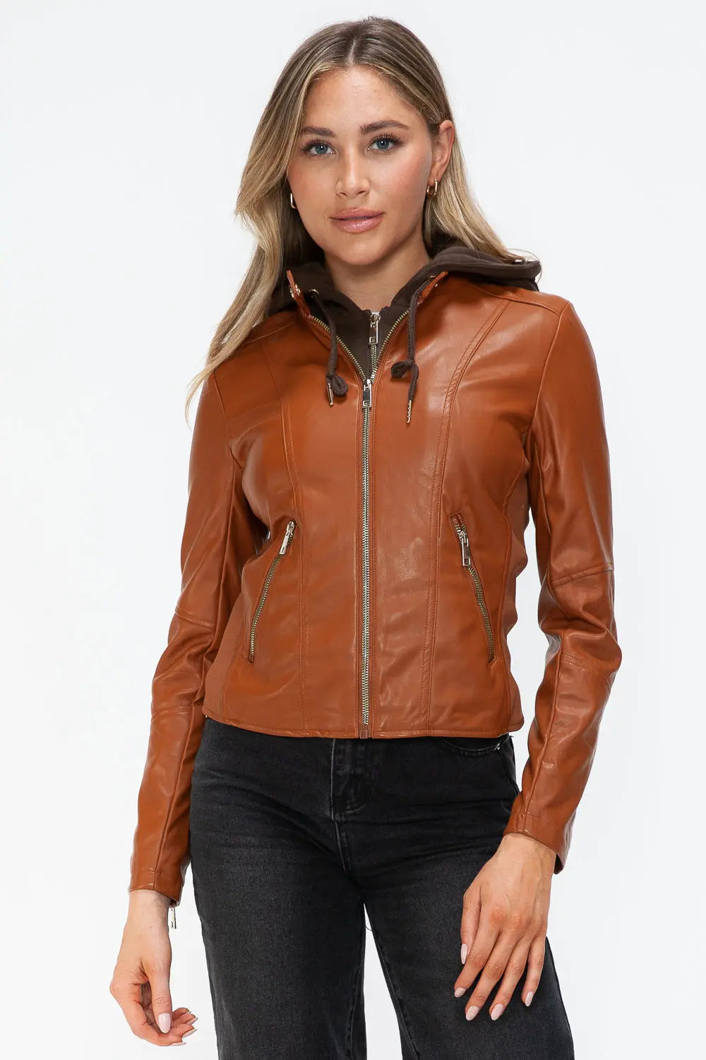 Snobbish Faux Leather Zip Up Drawstring Hooded Jacket Trendsi