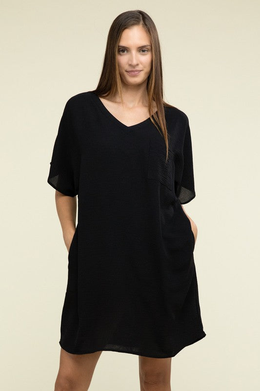 Woven Airflow V Neck T-Shirt Dress with Pockets - Pure Serenity DBA