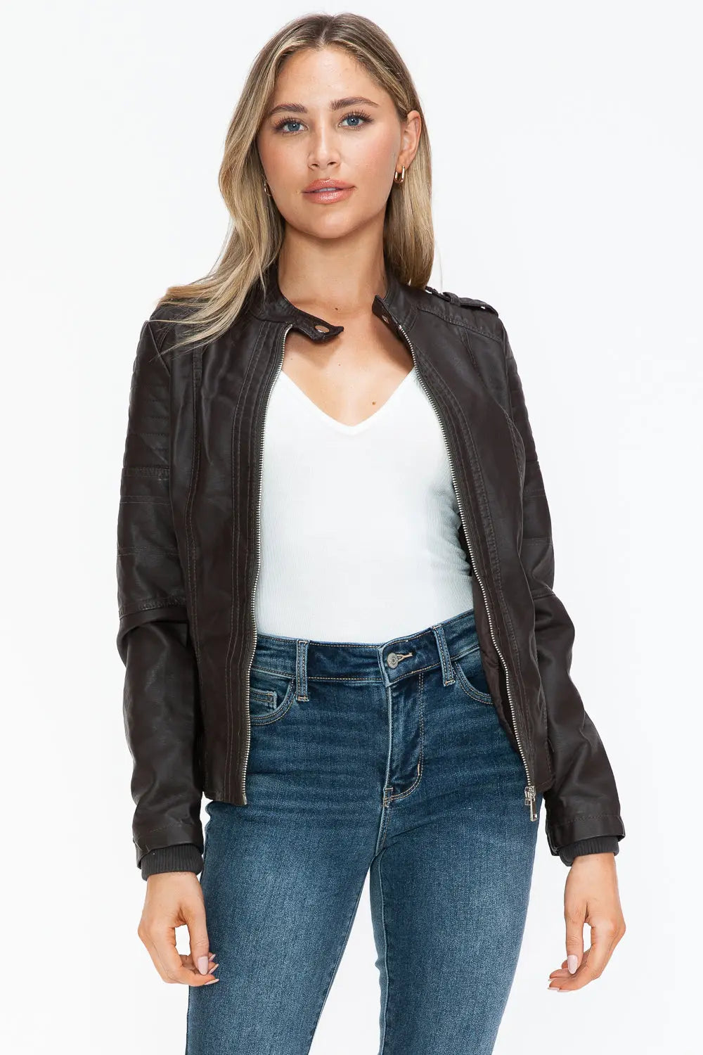 Snobbish PU Leather Biker Jacket with Side Zip Pockets Trendsi