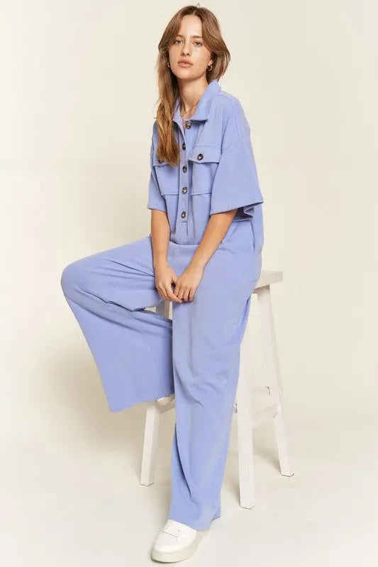 Basic Collar Shirt Wide leg Jumpsuit - Pure Serenity DBA