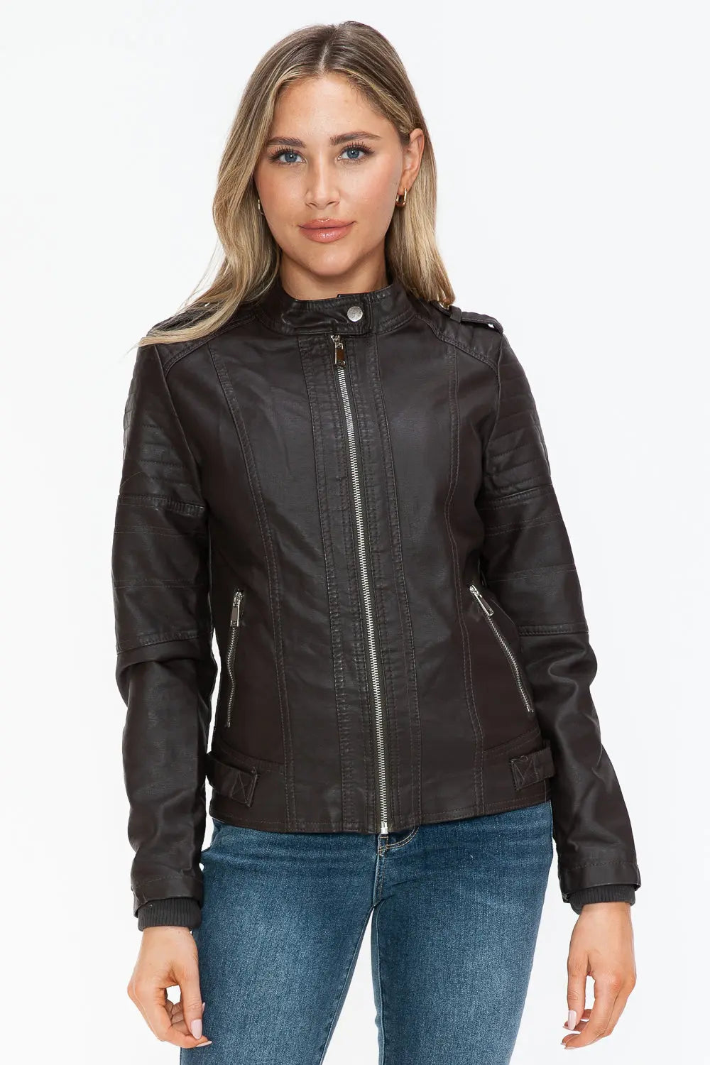 Snobbish PU Leather Biker Jacket with Side Zip Pockets Trendsi