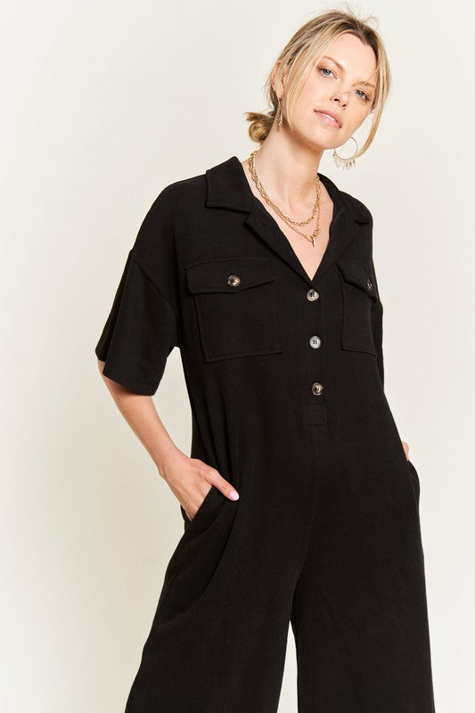 Basic Collar Shirt Wide leg Jumpsuit - Pure Serenity DBA