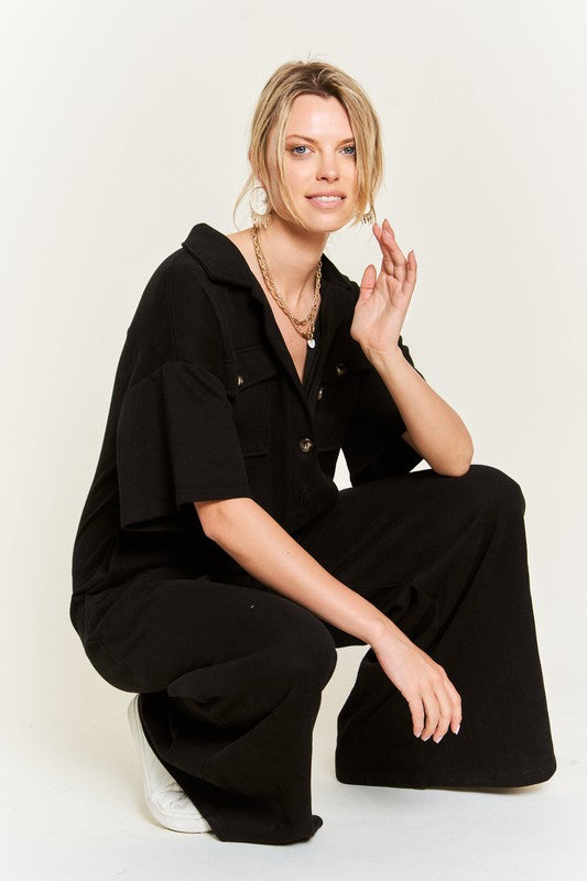 Basic Collar Shirt Wide leg Jumpsuit - Pure Serenity DBA