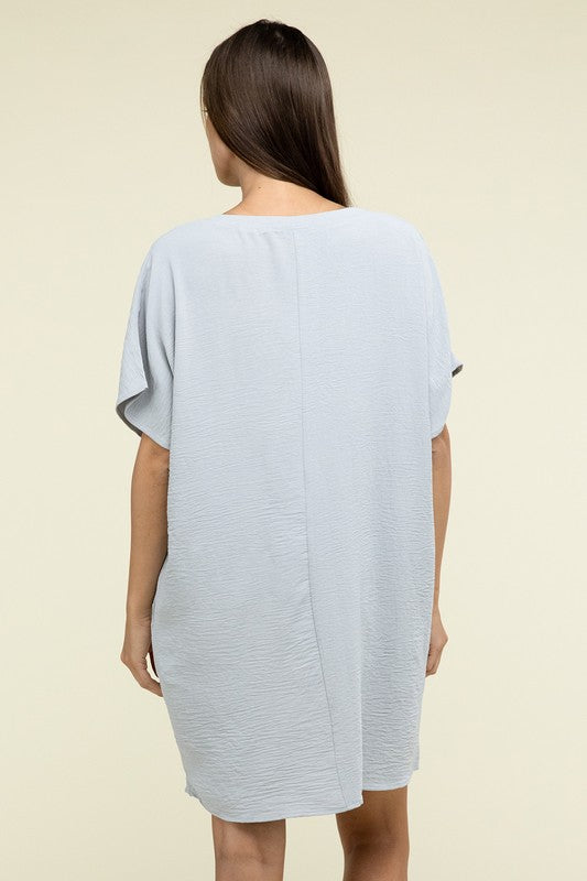 Woven Airflow V Neck T-Shirt Dress with Pockets - Pure Serenity DBA