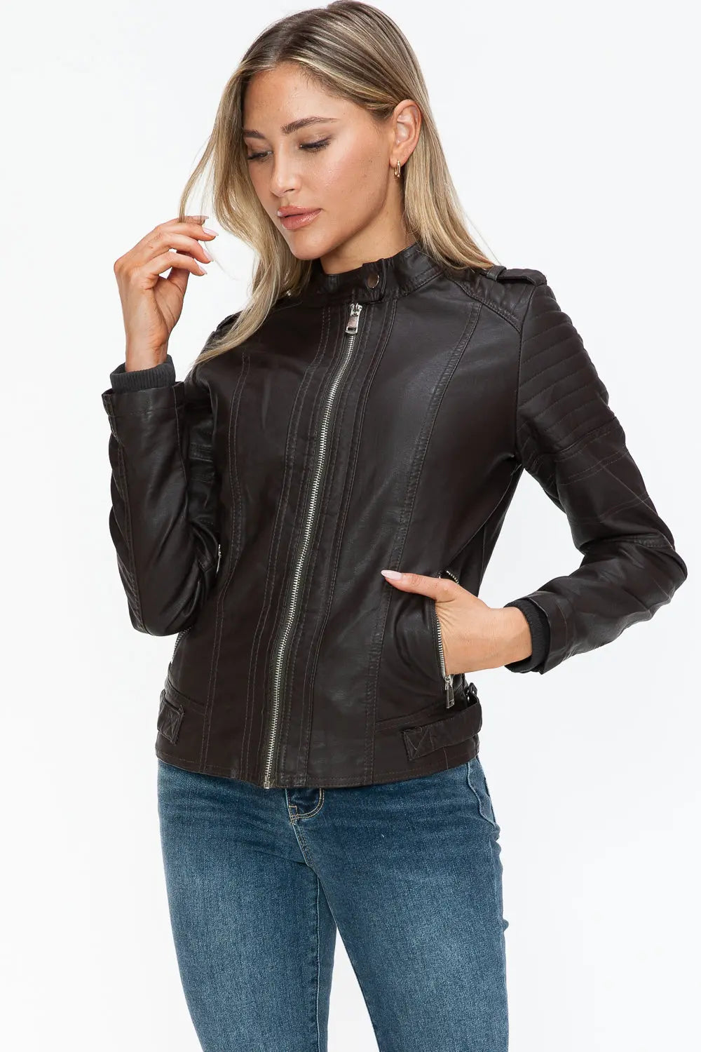 Snobbish PU Leather Biker Jacket with Side Zip Pockets Trendsi