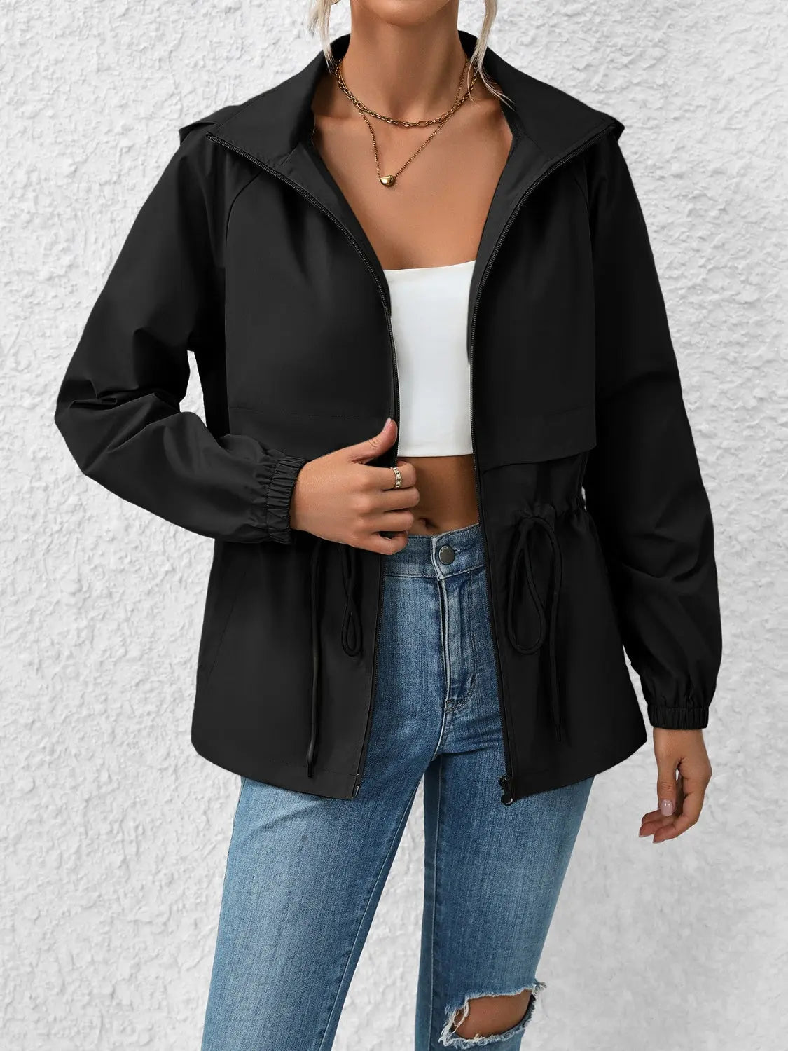 Ivy Lane Drawstring Zip Up Hooded Jacket Trendsi