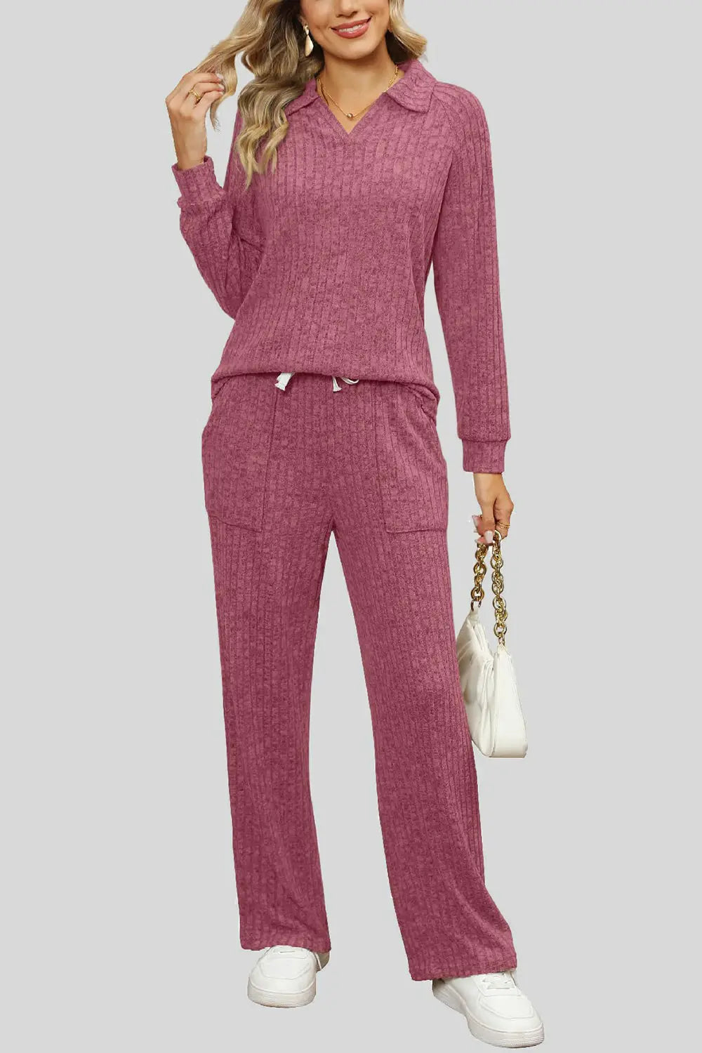 Ribbed Long Sleeve Top and Pocketed Pants Set Trendsi