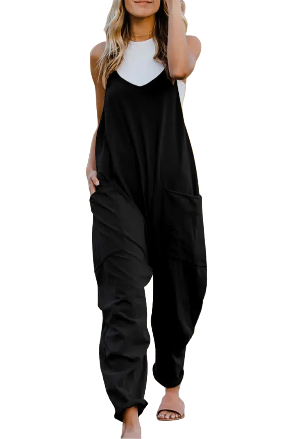 Double Take Full Size V-Neck Sleeveless Jumpsuit with Pockets Trendsi