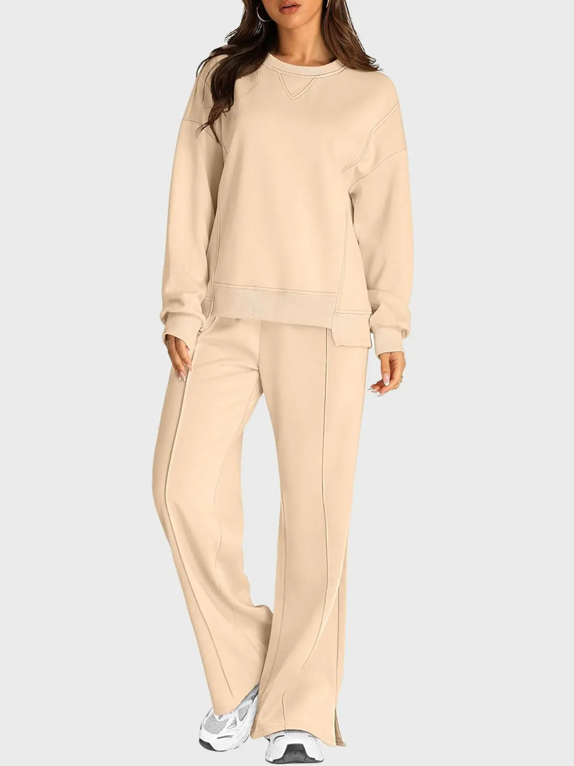 Round Neck Long Sleeve Top and Slit Pants Set Trendsi