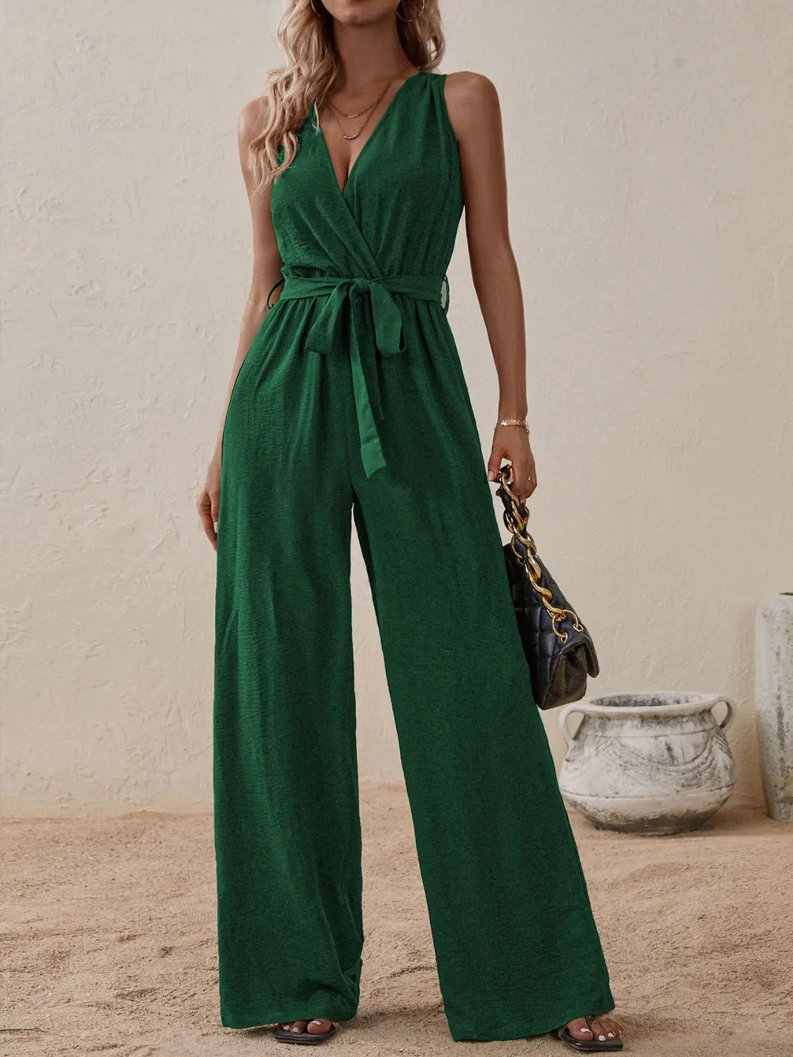 Honey Tied Surplice Sleeveless Wide Leg Jumpsuit Trendsi