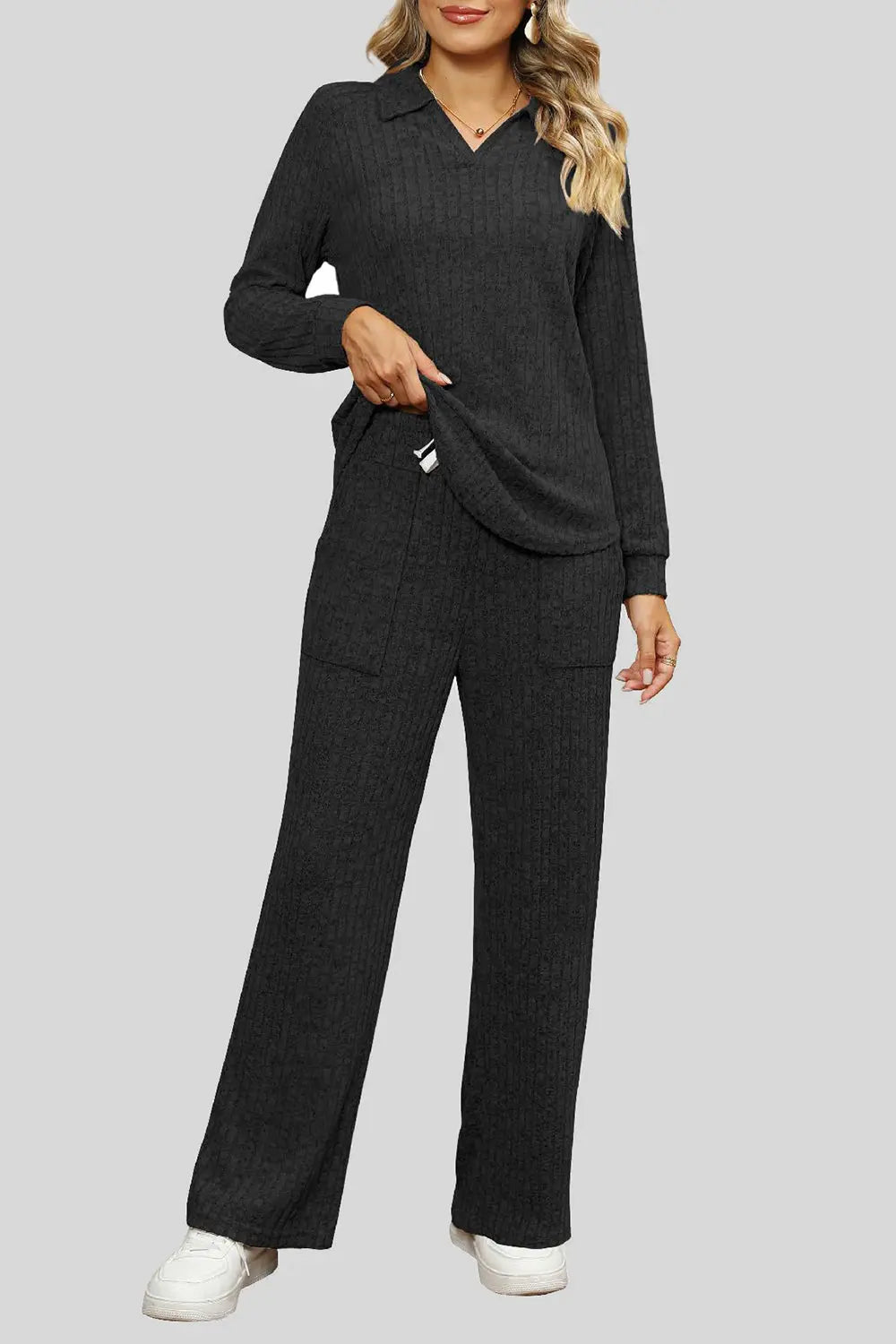 Ribbed Long Sleeve Top and Pocketed Pants Set Trendsi