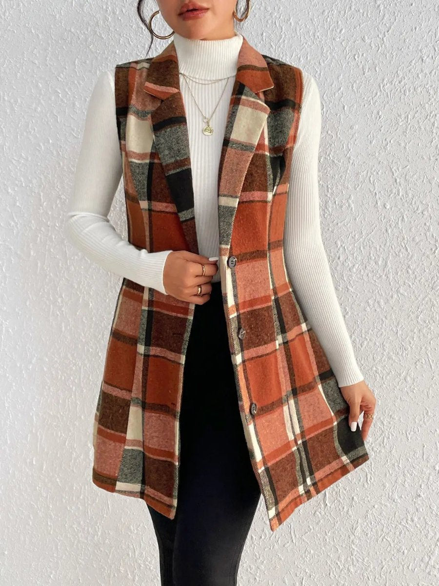 Honey Plaid Button Up Vest Coat Trendsi