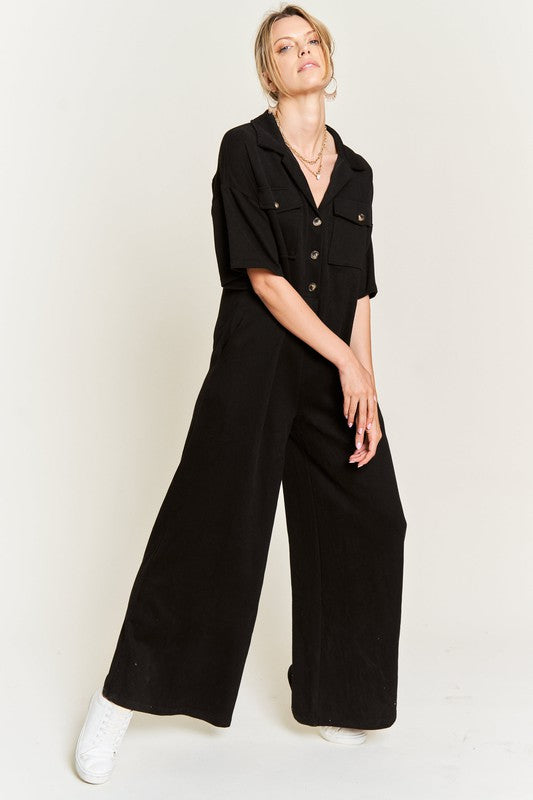 Basic Collar Shirt Wide leg Jumpsuit - Pure Serenity DBA