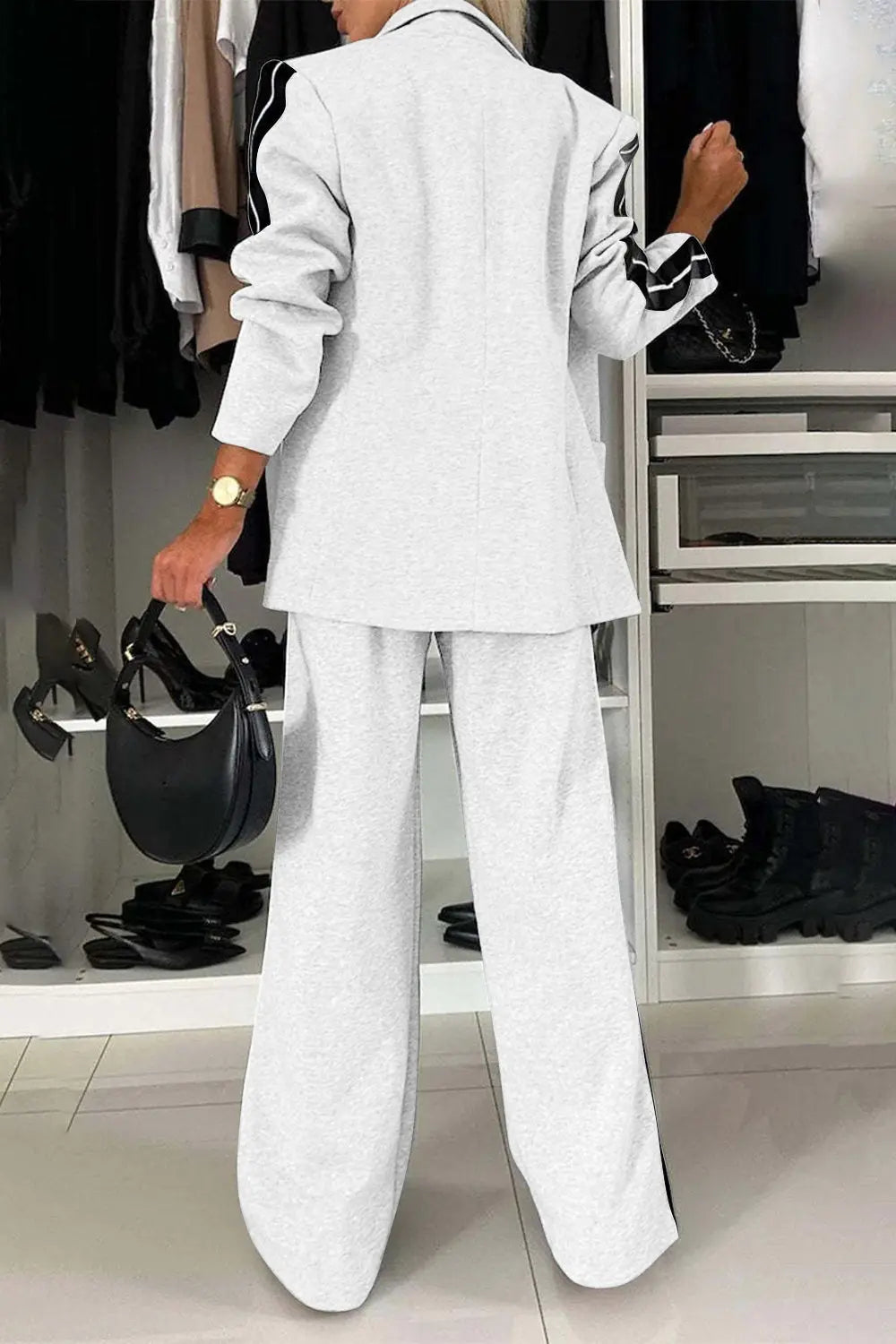 Full Size Contrast Lapel Collar Top and Pants Set Trendsi