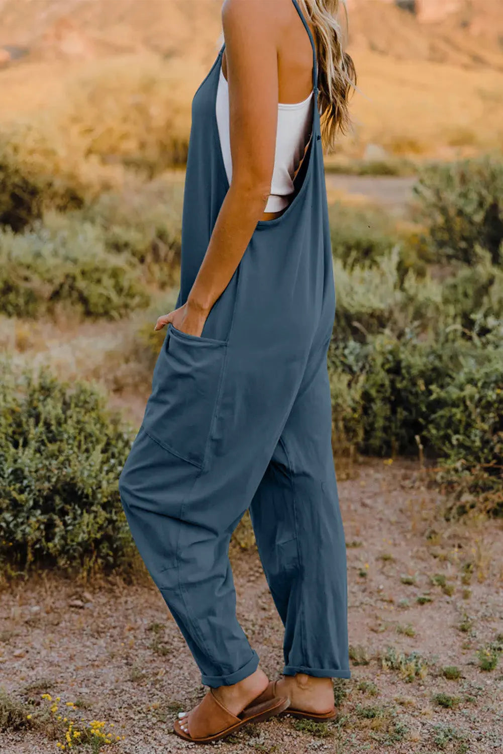 Double Take Full Size V-Neck Sleeveless Jumpsuit with Pockets Trendsi