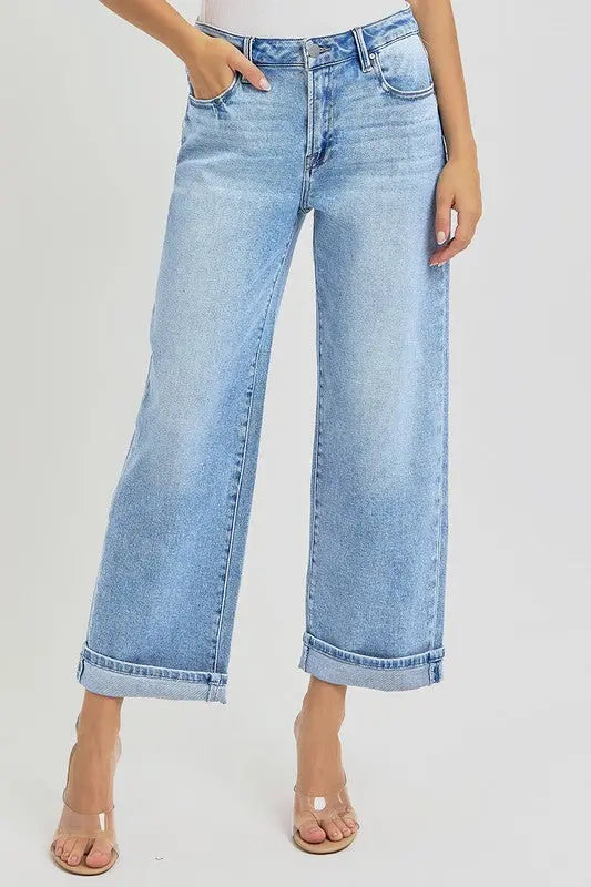 RISEN Full Size Ankle Wide Leg Cuffed Jeans Plus Size Trendsi