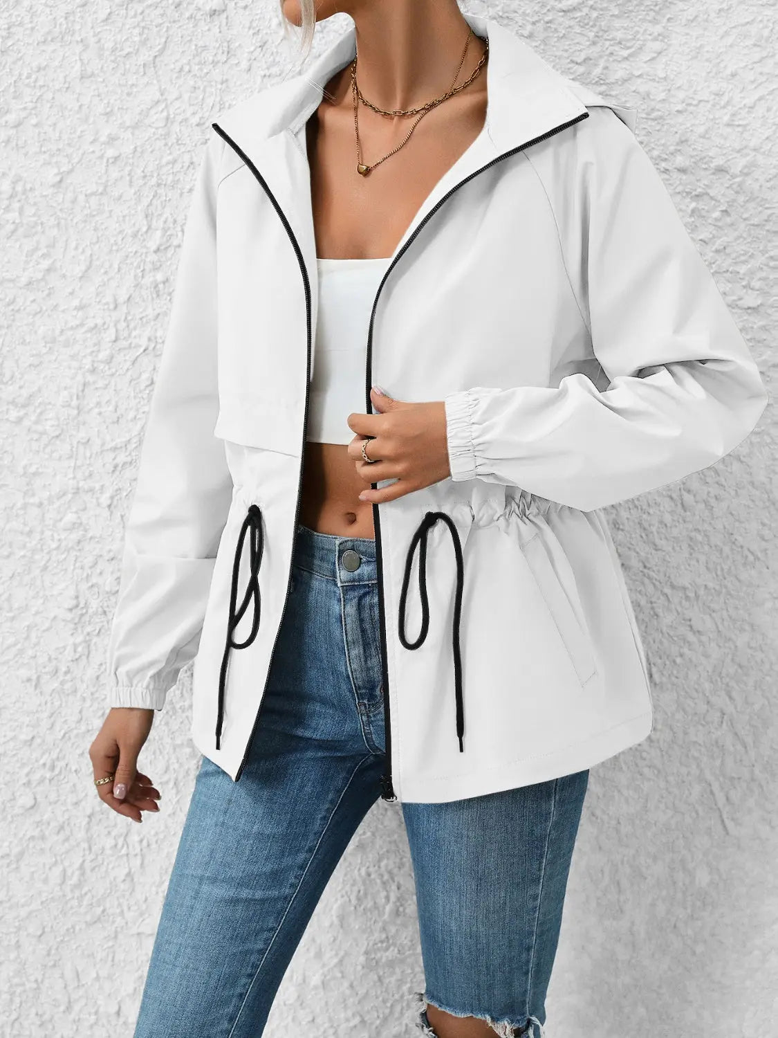 Ivy Lane Drawstring Zip Up Hooded Jacket Trendsi