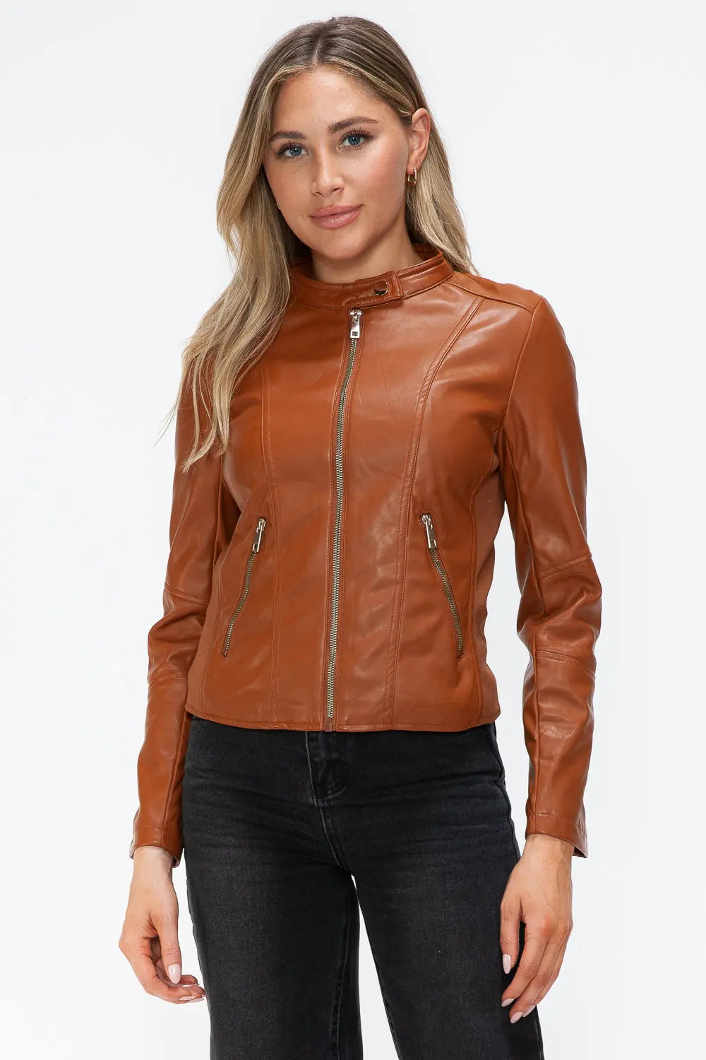 Snobbish Faux Leather Zip Up Drawstring Hooded Jacket Trendsi