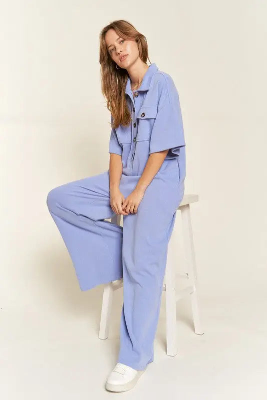 Basic Collar Shirt Wide leg Jumpsuit - Pure Serenity DBA