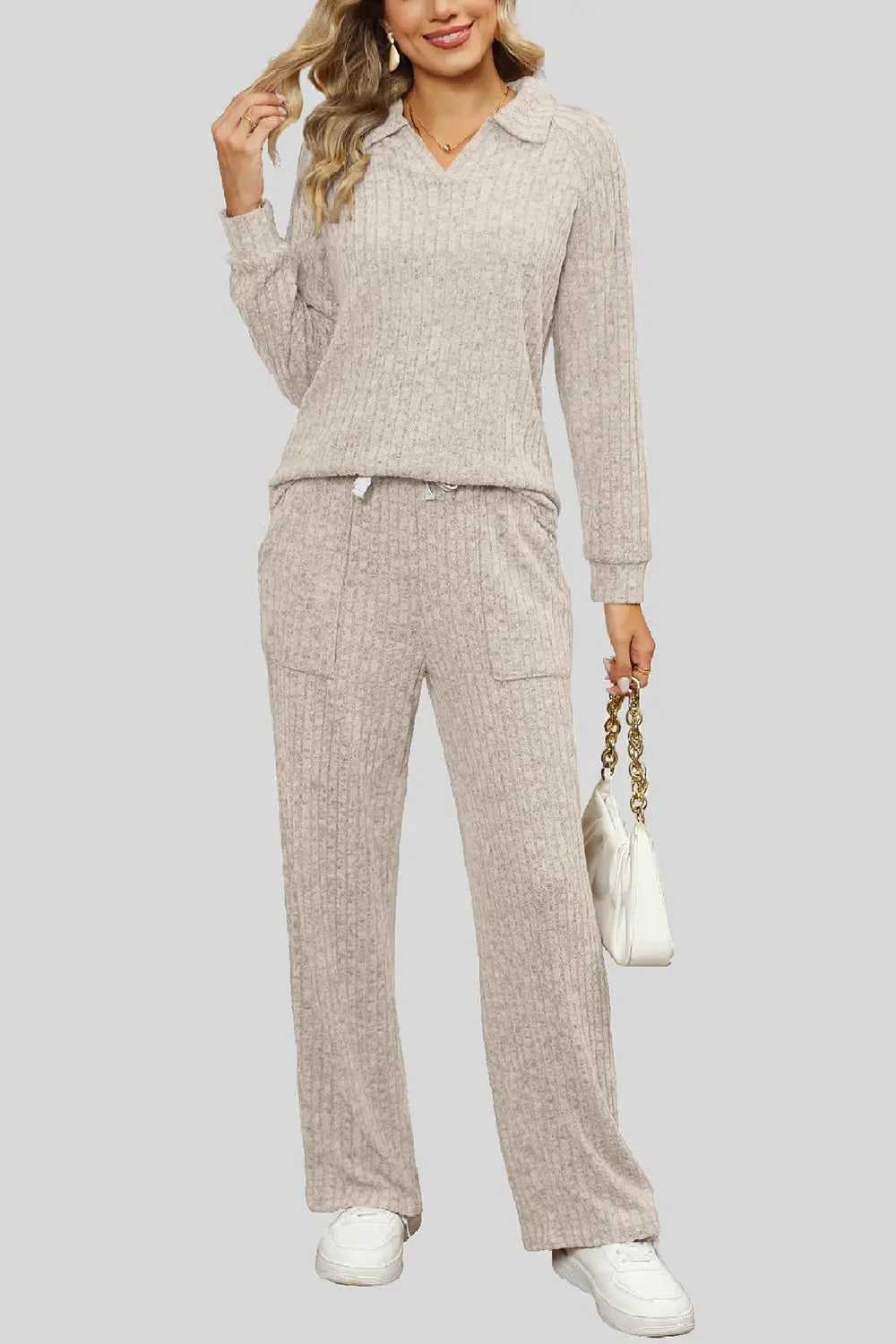 Ribbed Long Sleeve Top and Pocketed Pants Set Trendsi