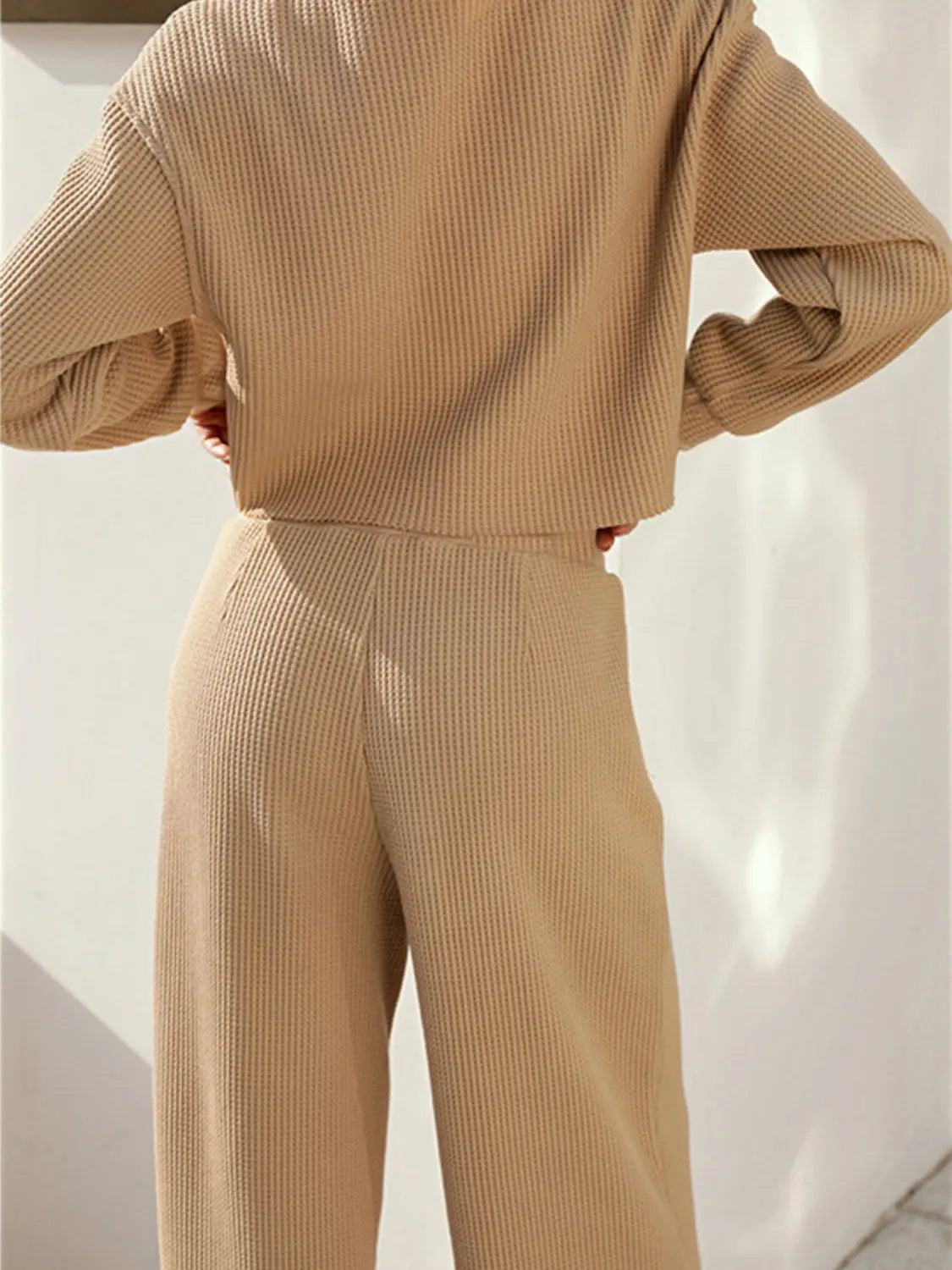 Waffle-Knit Round Neck Top and Pants Set Trendsi