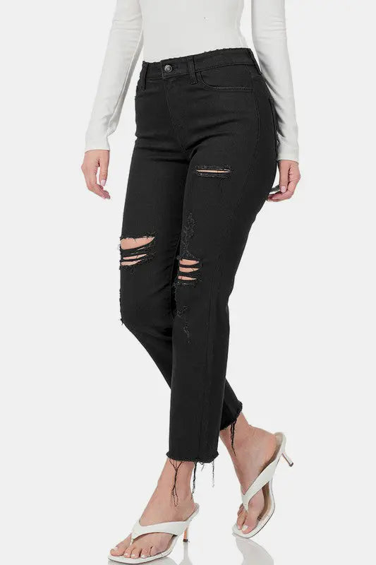 Zenana Distressed Raw Hem Cropped Jeans Trendsi