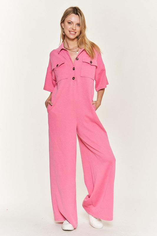 Basic Collar Shirt Wide leg Jumpsuit - Pure Serenity DBA