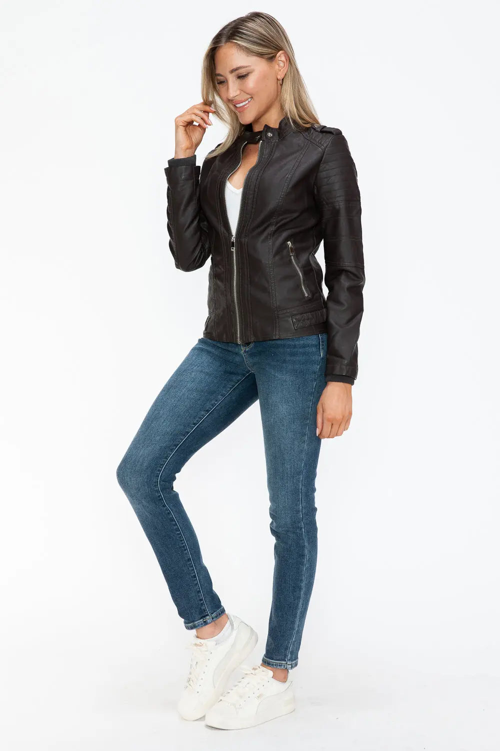 Snobbish PU Leather Biker Jacket with Side Zip Pockets Trendsi