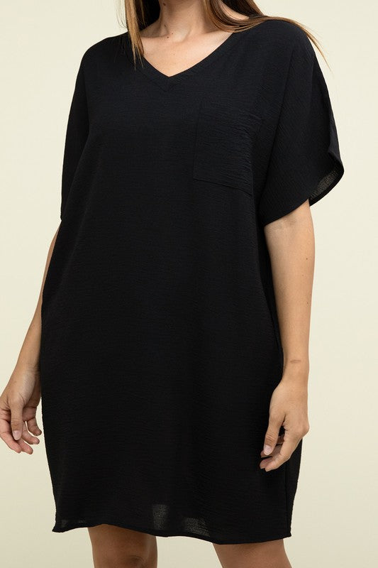 Woven Airflow V Neck T-Shirt Dress with Pockets - Pure Serenity DBA