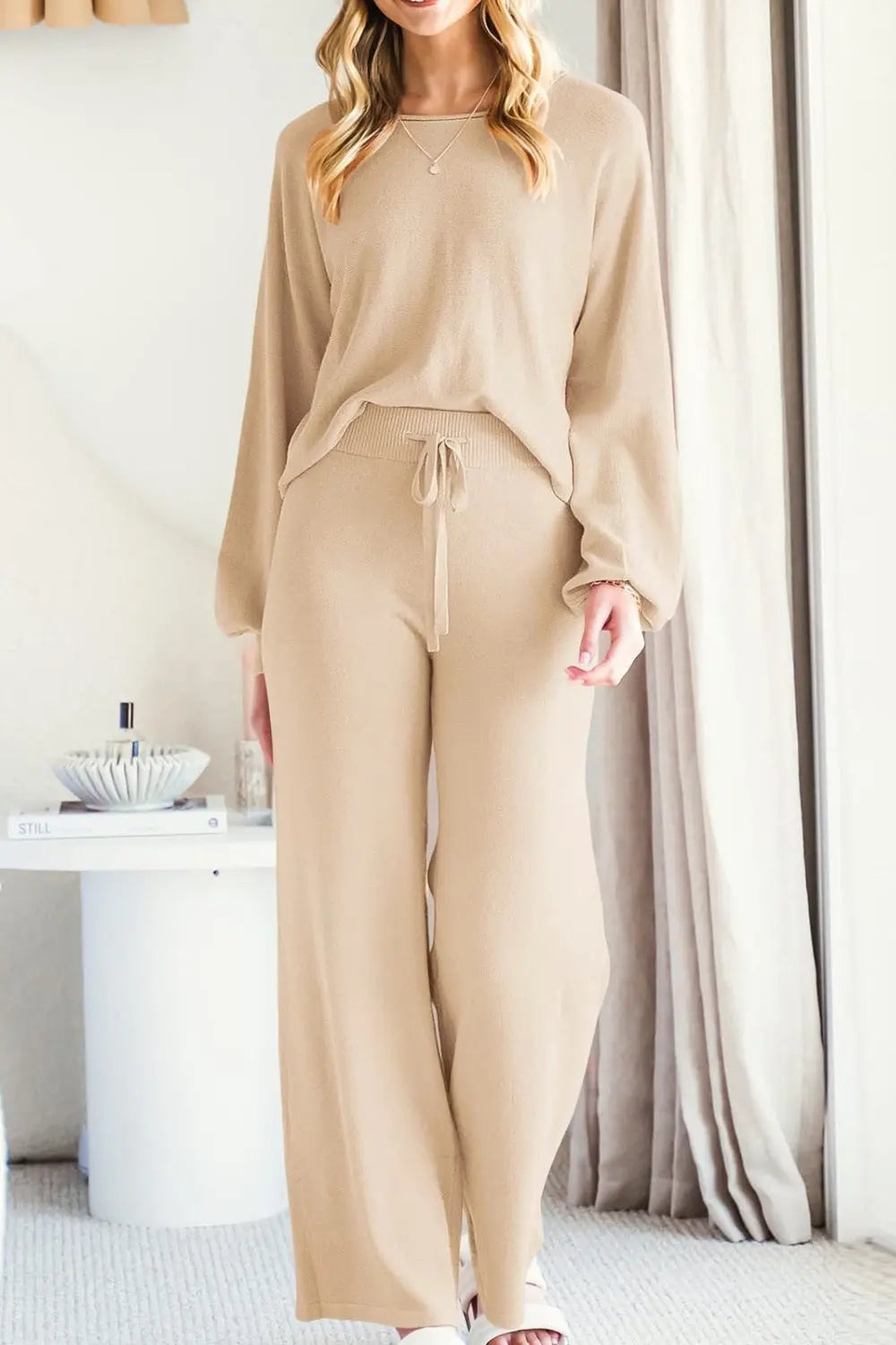 Round Neck Long Sleeve Top and Pants Set Trendsi