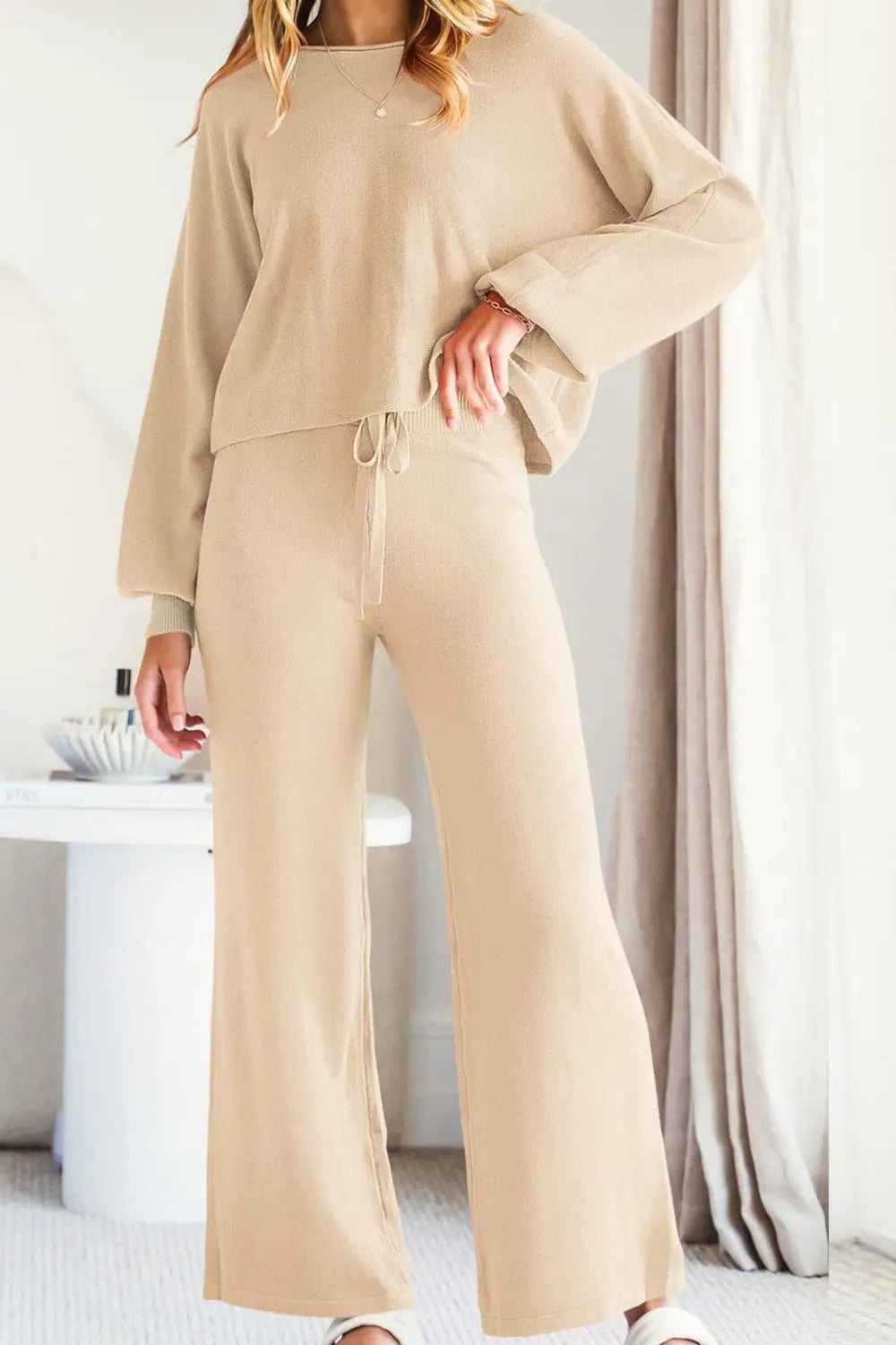 Round Neck Long Sleeve Top and Pants Set Trendsi