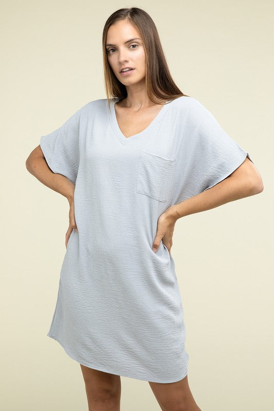 Woven Airflow V Neck T-Shirt Dress with Pockets - Pure Serenity DBA