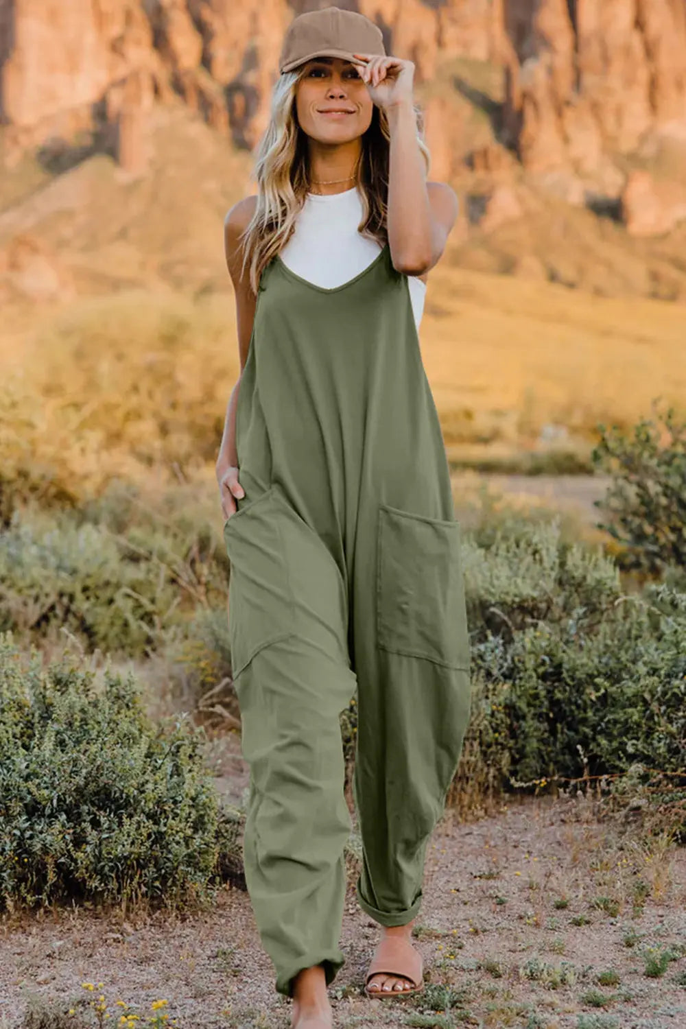 Double Take Full Size V-Neck Sleeveless Jumpsuit with Pockets Trendsi