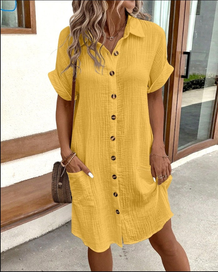 Summer Short Sleeve Solid Color Shirt Single-Breasted Mid-Length Loose Dress - Pure Serenity DBA