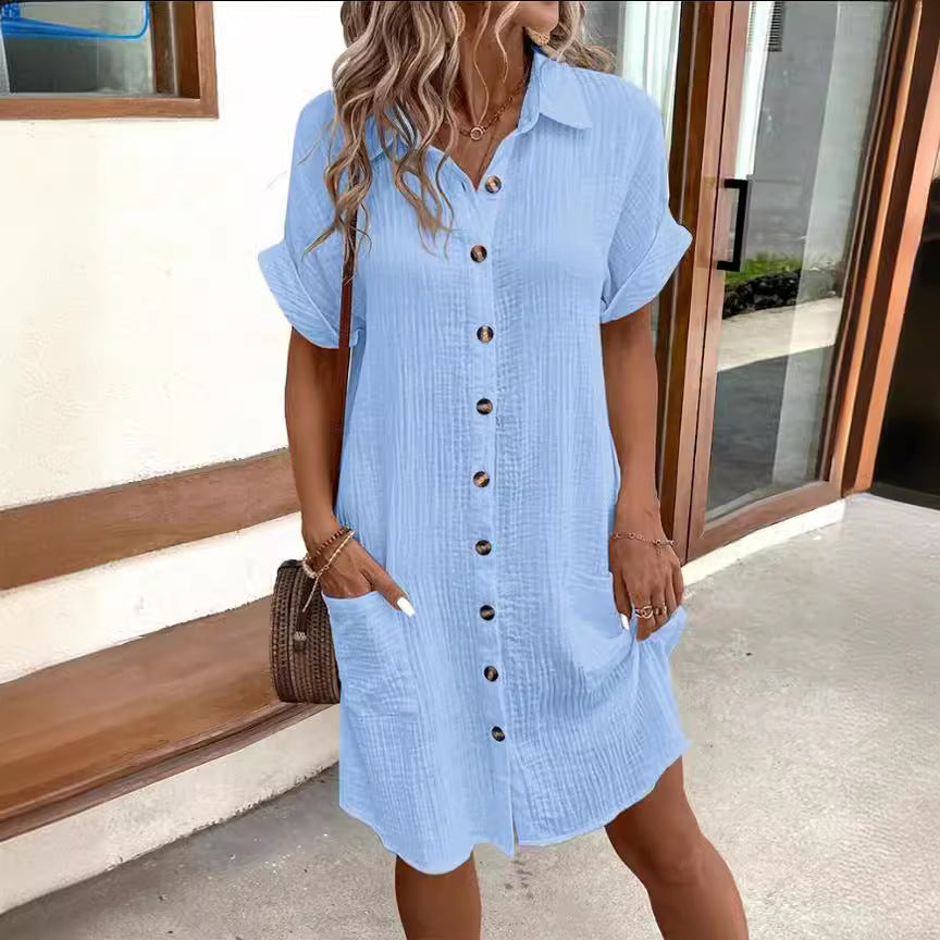 Summer Short Sleeve Solid Color Shirt Single-Breasted Mid-Length Loose Dress - Pure Serenity DBA