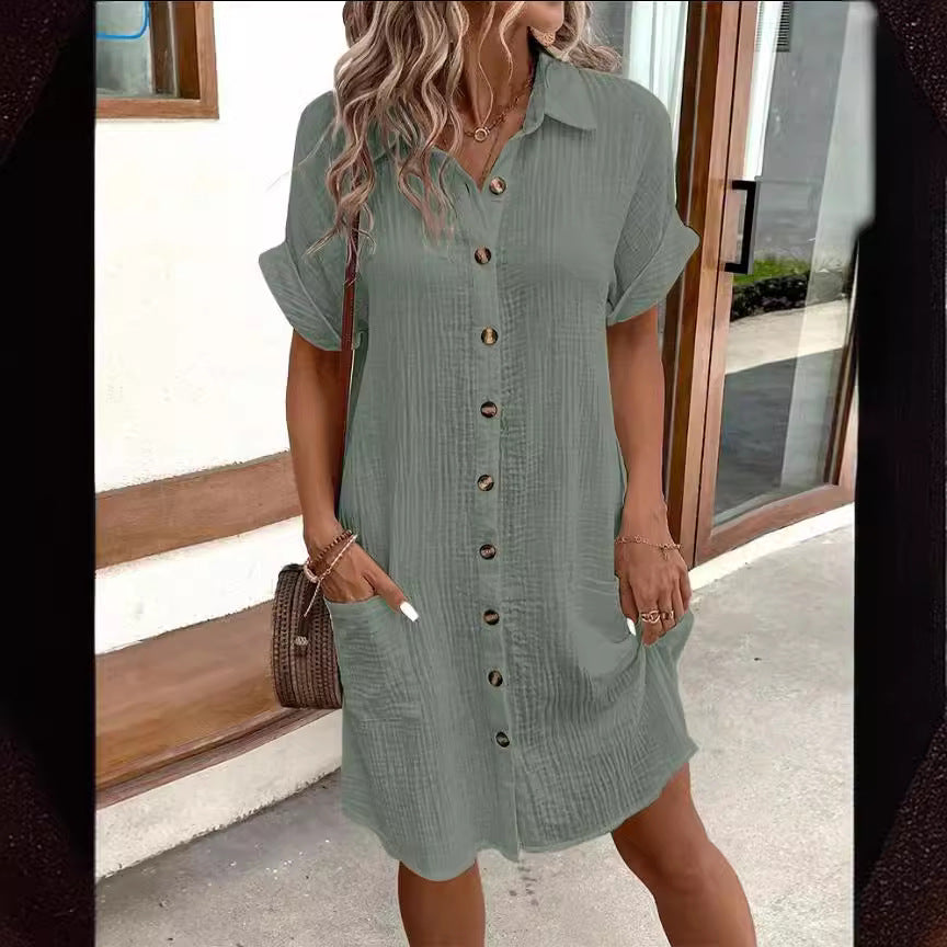 Summer Short Sleeve Solid Color Shirt Single-Breasted Mid-Length Loose Dress - Pure Serenity DBA