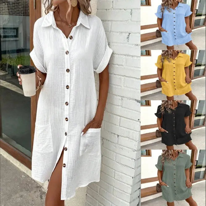 Summer Short Sleeve Solid Color Shirt Single-Breasted Mid-Length Loose Dress Pure Serenity DBA