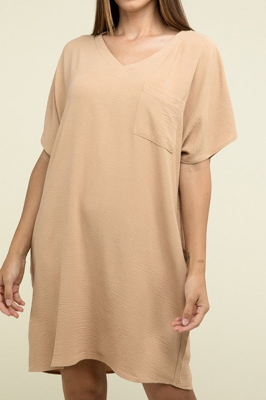 Woven Airflow V Neck T-Shirt Dress with Pockets - Pure Serenity DBA