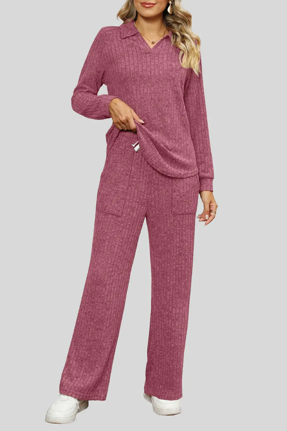 Ribbed Long Sleeve Top and Pocketed Pants Set Trendsi