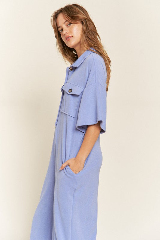 Basic Collar Shirt Wide leg Jumpsuit - Pure Serenity DBA