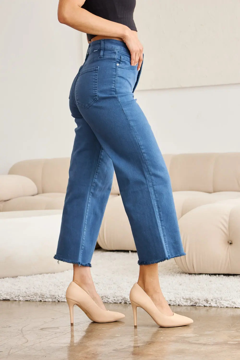 RFM Crop Chloe Full Size Tummy Control High Waist Raw Hem Jeans Trendsi