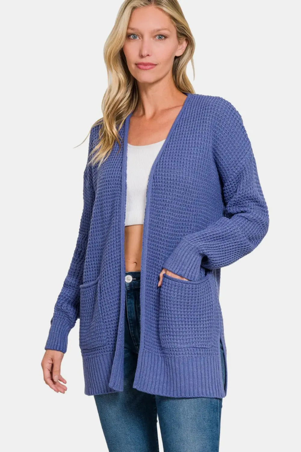 Zenana Waffle Open Front Sweater Cardigan Trendsi